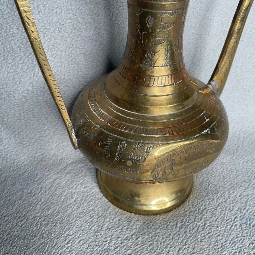 Solid Brass Mini India Tea Pot Pitcher Genie Lamp Etched Vtg  Handle Hinged Lid‎